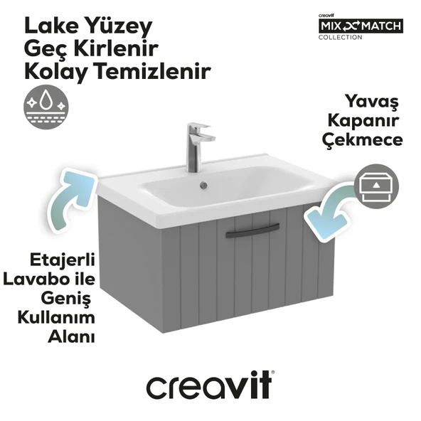 D10 Eksen Lavabo Dolabı Çekmeceli 65 cm Küllü Gri Lake - Resim 2