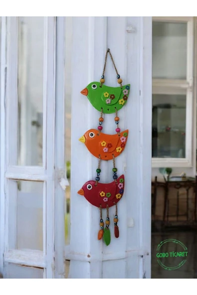 Gobo 3'lü El Boyaması Dekoratif Kuş Duvar ve Balkon Süsü–Boncuklu & İpli-Farklı Renk Seçenekleri 45x12 cm ürün görseli 1
