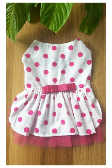 Gobo Fuşya Fiyonklu Puantiyeli Kedi Köpek Kıyafeti Elbisesi XSmall/XS/Beden 0 - Resim 5