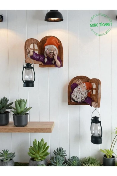 Gobo Fenerli Dekoratif Cüce Figürlü Dede ve Nine 2li Set Duvar ve Kapı Lambası–LED Işıklı (Renk Seçeneği) - Resim 6