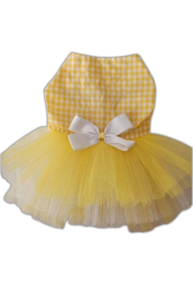 Gobo Sarı Beyaz Kareli Tüllü Kedi Köpek Kıyafeti Elbisesi Medium/M/beden 2 - Resim 4