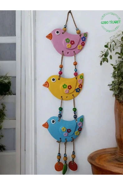 Gobo 3'lü El Boyaması Dekoratif Kuş Duvar ve Balkon Süsü–Boncuklu & İpli-Farklı Renk Seçenekleri 45x12 cm ürün görseli 1