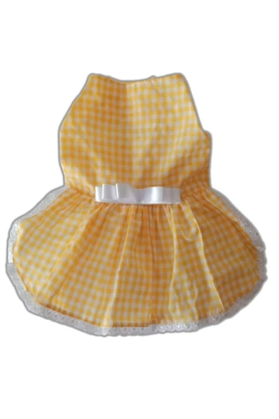 Gobo Sarı Beyaz Kareli Fiyonklu Kedi Köpek Kıyafeti Elbisesi Small/S/Beden 1 - Resim 5