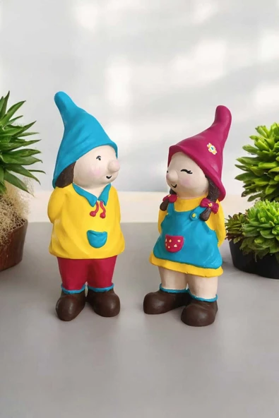 Gobo 2'li Set Dekoratif Bahçe Ve Balkon Cüceleri Farklı Renklerde Seramik Tozu El Boyaması (24X10 CM) - Resim 3