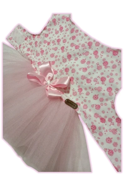 Gobo Pembe Çiçekli Fiyonklu Beyaz Kedi/Köpek Elbisesi Medium/M/Beden 2 - Resim 6