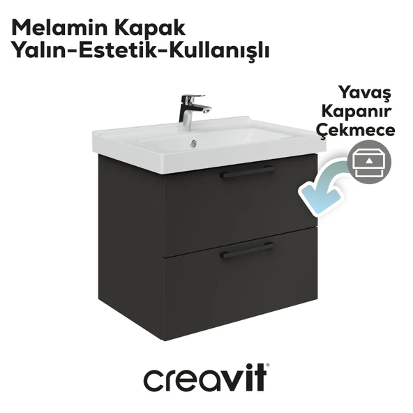 D20 65 Cm İki Çelmeceli Lavabo Dolabı Antrasit Melamin - Resim 3