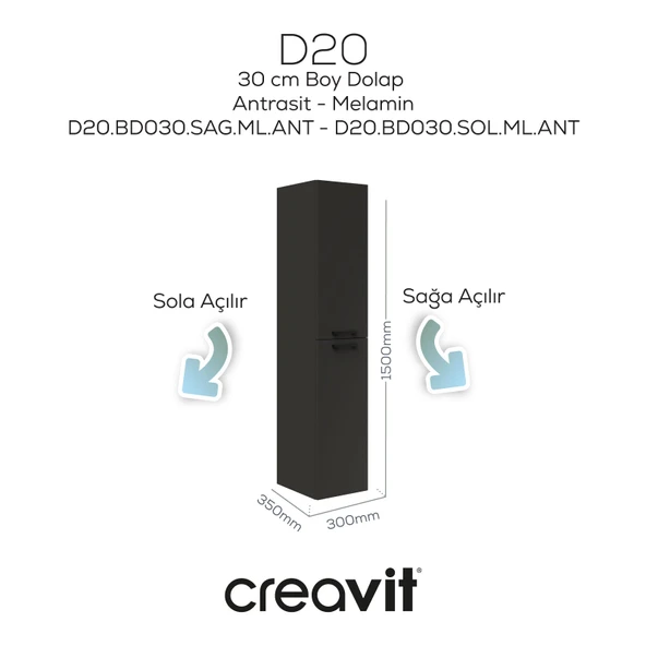 D20 30 Cm Sola Açılır Boy Dolabı Antrasit Melamin Kapak ürün görseli 1