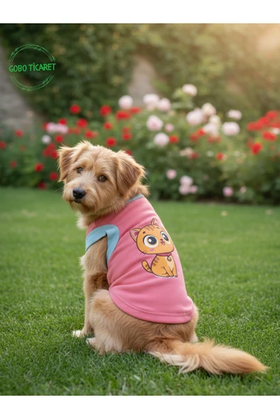 Gobo Şeker Pembe Renkli Kedi ve Köpek Kıyafeti Elbisesi Sarı Kedi Baskılı Medium/M/Beden 2 - Resim 6