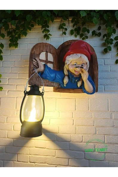 Gobo Fenerli Dekoratif Cüce Figürlü Dede ve Nine 2li Set Duvar ve Kapı Lambası–LED Işıklı (Renk Seçeneği) - Resim 4