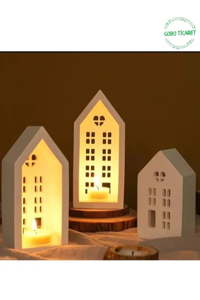 Gobo Mum Hediyeli 3'lü Ev Mumluk Seti – Dekoratif Aydınlatma & Şık Ev Dekoru(18,5 cm / 16,1 cm / 12,5 cm) ürün görseli 1