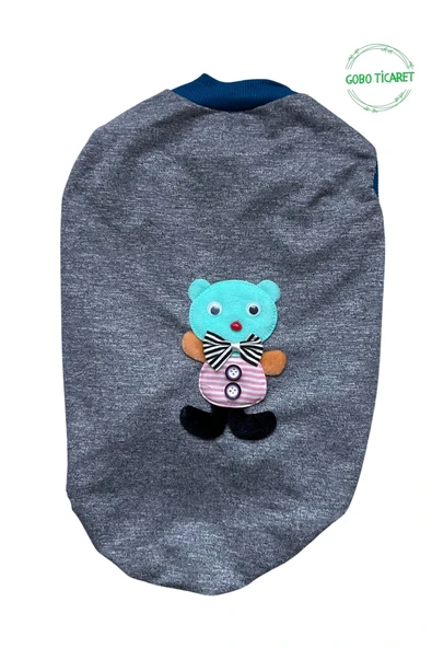 Goboticaret Sevimli Yeşil Ayıcık Aksesuarlı Aplikeli Gri Kedi Köpek Kıyafeti Elbisesi - Resim 3