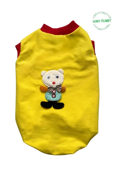 Goboticaret Sevimli Beyaz Ayıcık Aksesuarlı Fosforlu Sarı Kedi Köpek Kıyafeti Elbisesi Kırmızı Kollu ürün görseli