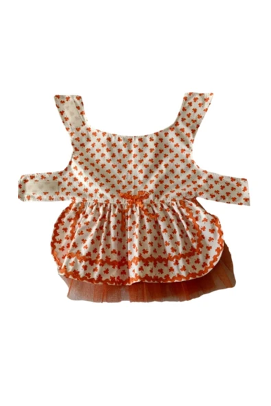 Gobo Turuncu Yaprak Desenli Kurdeleli Beyaz Kedi Köpek Kıyafeti Elbisesi - Resim 6