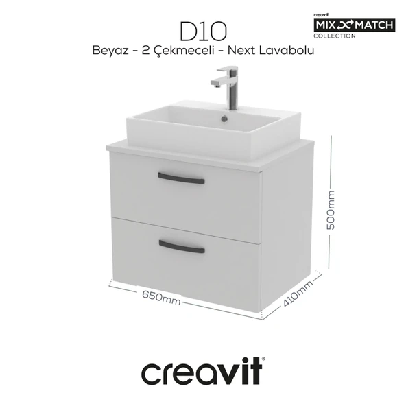 D10 Next Lavabo Dolabı İki Çekmeceli 65 cm Beyaz ürün görseli