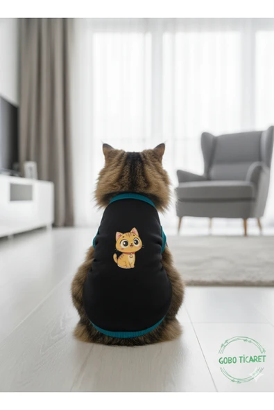 Gobo Sarı Kedi Baskılı Kışlık Siyah Kedi Köpek Kıyafeti Elbisesi Large/L/Beden 3 - Resim 4