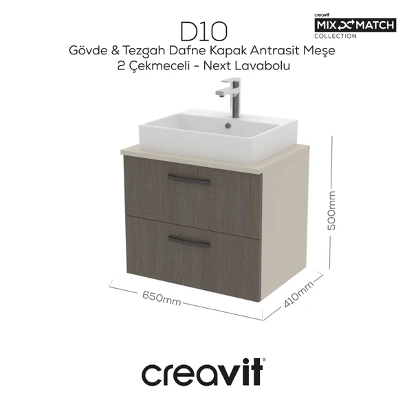 D10 Next Lavabo Dolabı İki Çekmeceli 65 cm Dafne Gövde Antrasit Meşe Kapak ürün görseli 1
