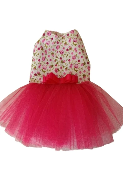 Gobo Pembe Çiçekli Kurdeleli Kırmızı Tüllü Beyaz Kedi ve Köpek Kıyafeti Elbisesi Medium/M/Beden 2 - Resim 5