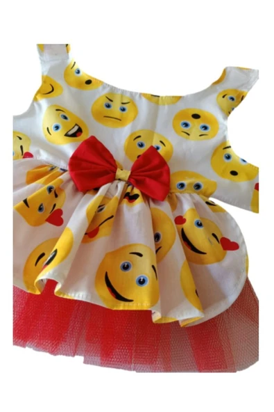 Gobo Emoji Desenli Kırmızı Papyonlu Beyaz Dişi Kedi Köpek Kıyafeti Elbisesi XLarge/XL/Beden 4 ürün görseli 1
