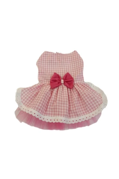 Gobo Beyaz Kareli Pembe Dişi Kedi Köpek Kıyafeti Elbisesi - Resim 7