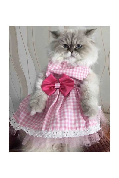 Gobo Beyaz Kareli Pembe Dişi Kedi Köpek Kıyafeti Elbisesi - 4