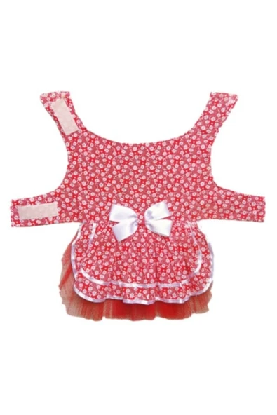 Gobo Beyaz Çiçek Desenli Kurdeleli Kırmızı Kedi Köpek Kıyafeti Elbisesi - Resim 4