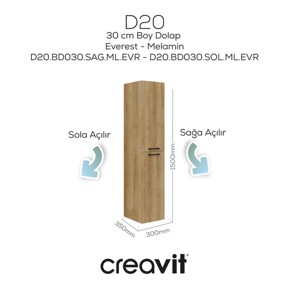 D20 30 Cm Sola Açılır Boy Dolabı Everest Melamin Kapak ürün görseli 1