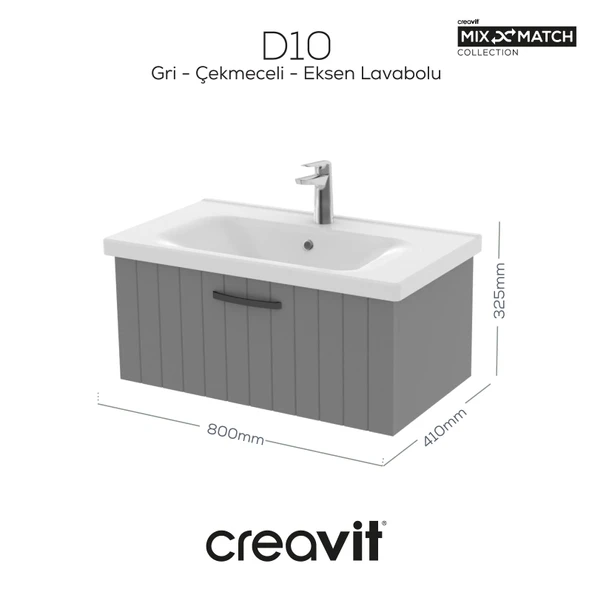 D10 Eksen Lavabo Dolabı Çekmeceli 80 cm Gri Lake ürün görseli 1