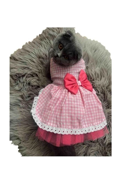Gobo Beyaz Kareli Pembe Dişi Kedi Köpek Kıyafeti Elbisesi - 3