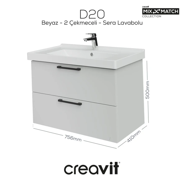 D20 80 Cm İki Çekmeceli Lavabo Dolabı Beyaz Melamin Kapak (Demonte) - Resim 2