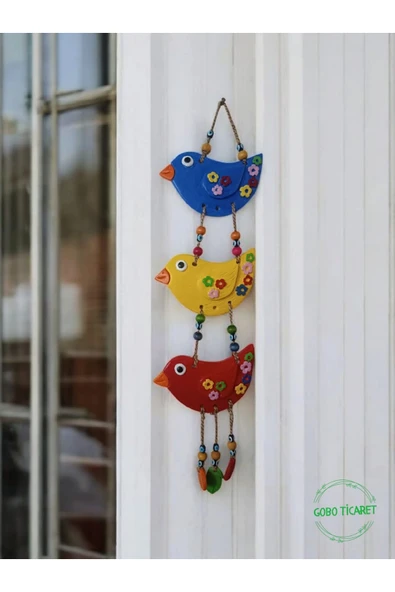 Gobo 3'lü El Boyaması Dekoratif Kuş Duvar ve Balkon Süsü–Boncuklu & İpli-Farklı Renk Seçenekleri 45x12 cm - Resim 2