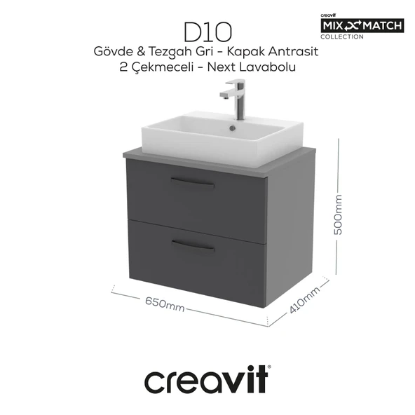 D10 Next Lavabo Dolabı İki Çekmeceli 65 cm Gri Gövde Antrasit Kapak ürün görseli 1