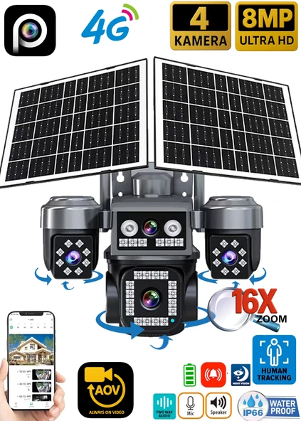 Ventus Z7PLUS 8MP 4 Kameralı 4G Çift Solar Panel 16X Zoom Dual Batarya HiEasy AOV (Sürekli Kayıt) Gece Görüş Çift Yönlü Ses