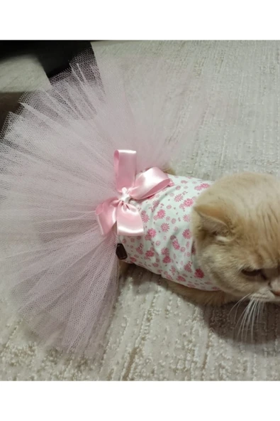 Gobo Pembe Çiçekli Fiyonklu Beyaz Kedi/Köpek Elbisesi Medium/M/Beden 2 - Resim 5