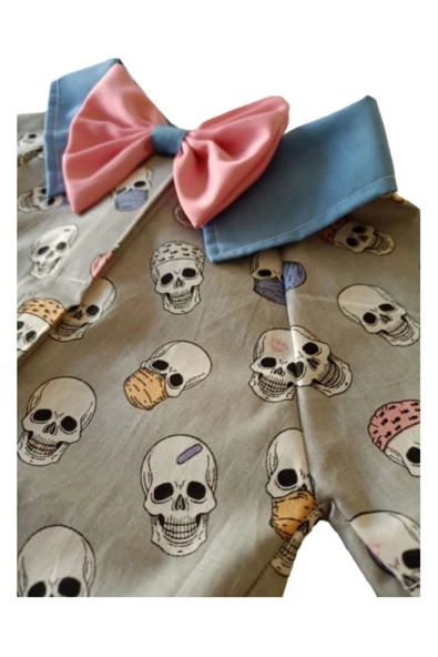 Gobo Kuru Kafa Desenli Papyonlu Gri Kedi Köpek Kıyafeti Elbisesi - Resim 3