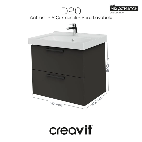 D20 65 Cm İki Çelmeceli Lavabo Dolabı Antrasit Melamin ürün görseli 1