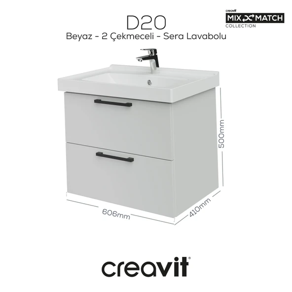 D20 65 Cm İki Çelmeceli Lavabo Dolabı Beyaz Melamin Kapak (Demonte) - Resim 2