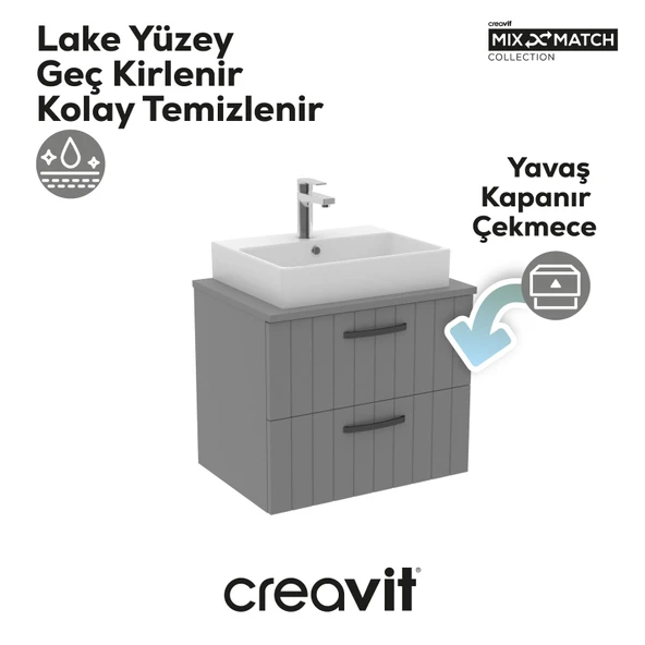 D10 Next Lavabo Dolabı İki Çekmeceli 65 cm Gri Lake Kapak - Resim 3