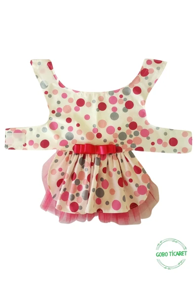 Gobo Şirin Puantiyeli Beyaz Kedi Köpek Kıyafeti Elbisesi Fuşya Fiyonklu Large/L/Beden 3 - Resim 5