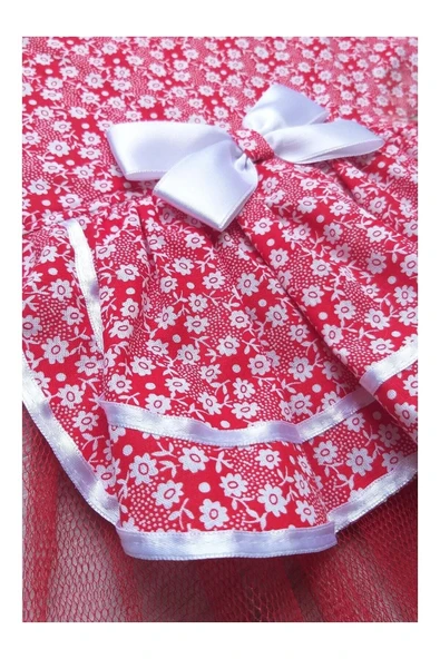 Gobo Beyaz Çiçek Desenli Kurdeleli Kırmızı Kedi Köpek Kıyafeti Elbisesi - Resim 6