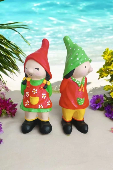 Gobo 2'li Set Dekoratif Bahçe Ve Balkon Cüceleri Farklı Renklerde Seramik Tozu El Boyaması (24X10 CM) - Resim 4