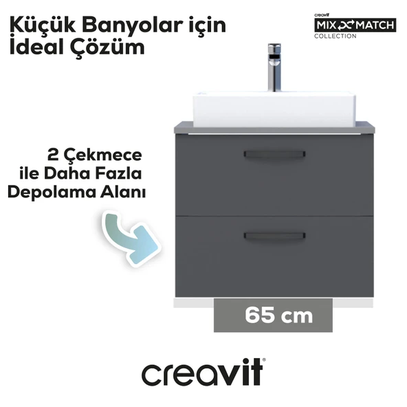 D10 Next Lavabo Dolabı İki Çekmeceli 65 cm Gri Gövde Antrasit Kapak - Resim 2
