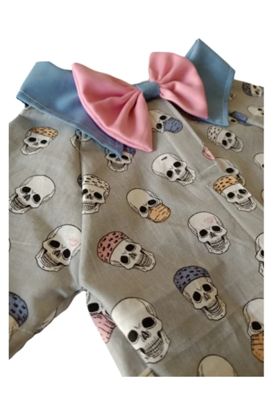 Gobo Kuru Kafa Desenli Papyonlu Gri Kedi Köpek Kıyafeti Elbisesi Large/L/Beden 3 - 2