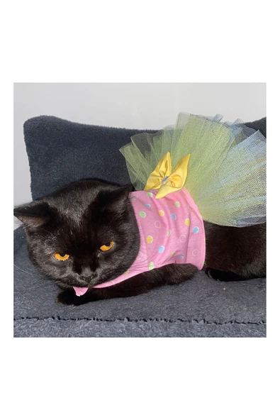 Gobo Renkli Puantiyeli Sarı Papyonlu Pembe Dişi Kedi Köpek Kıyafeti Elbisesi Medium/M/Beden 2 - 3