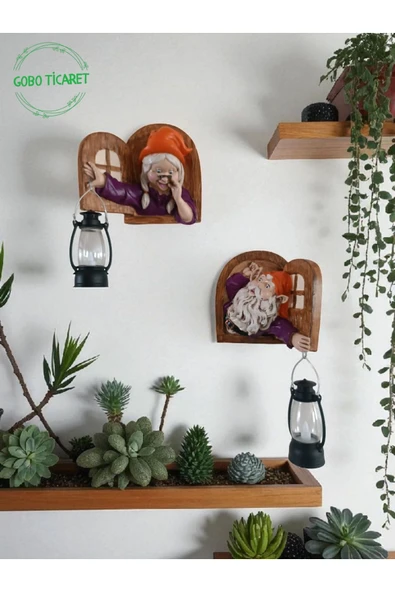 Gobo Fenerli Dekoratif Cüce Figürlü Dede ve Nine 2li Set Duvar ve Kapı Lambası–LED Işıklı (Renk Seçeneği) - Resim 3