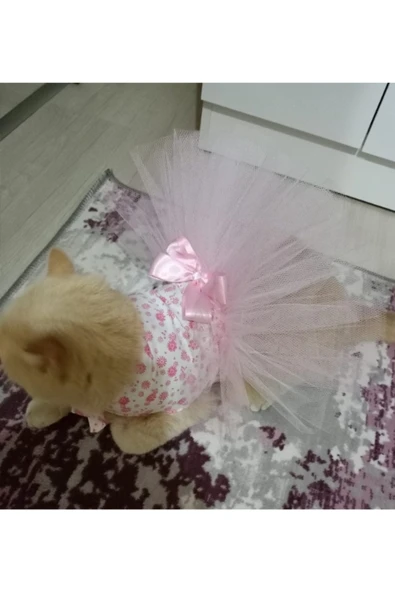 Gobo Pembe Çiçekli Fiyonklu Beyaz Kedi/Köpek Elbisesi XLarge/XL/Beden 4 - Resim 3