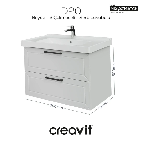 D20 80 Cm İki Çekmeceli Lavabo Dolabı Beyaz Lake ürün görseli 1