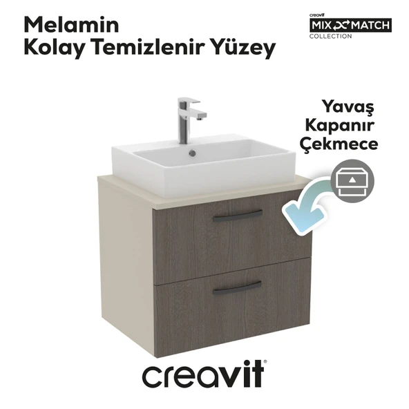 D10 Next Lavabo Dolabı İki Çekmeceli 65 cm Dafne Gövde Antrasit Meşe Kapak - Resim 3