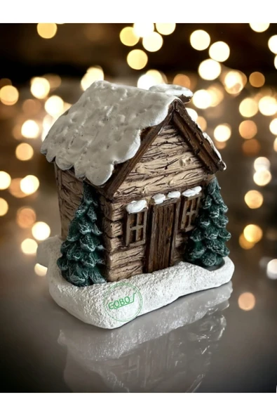 Gobo Sütlü Kahve Renkli Kar Efektli Ev Şeklindeki Yılbaşı Temalı El Boyaması Tütsülük Seramik Tozu ürün görseli 1