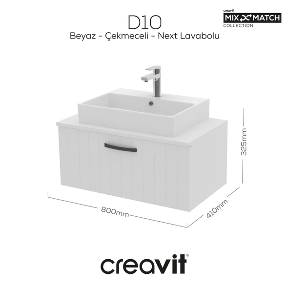 D10 Next Lavabo Dolabı Çekmeceli 80 cm Beyaz Lake ürün görseli