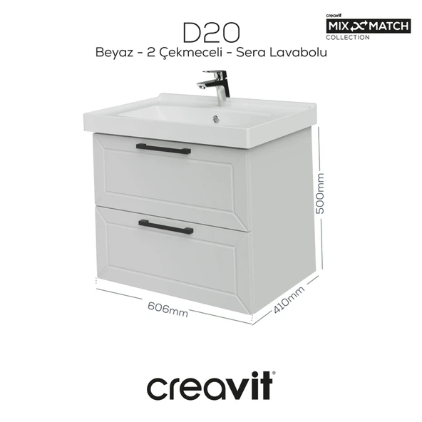 D20 65 Cm İki Çelmeceli Lavabo Dolabı Beyaz Lake Kapak ürün görseli